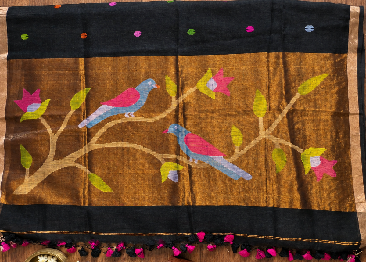 Black Paithani Parrot Linen Saree Handloom