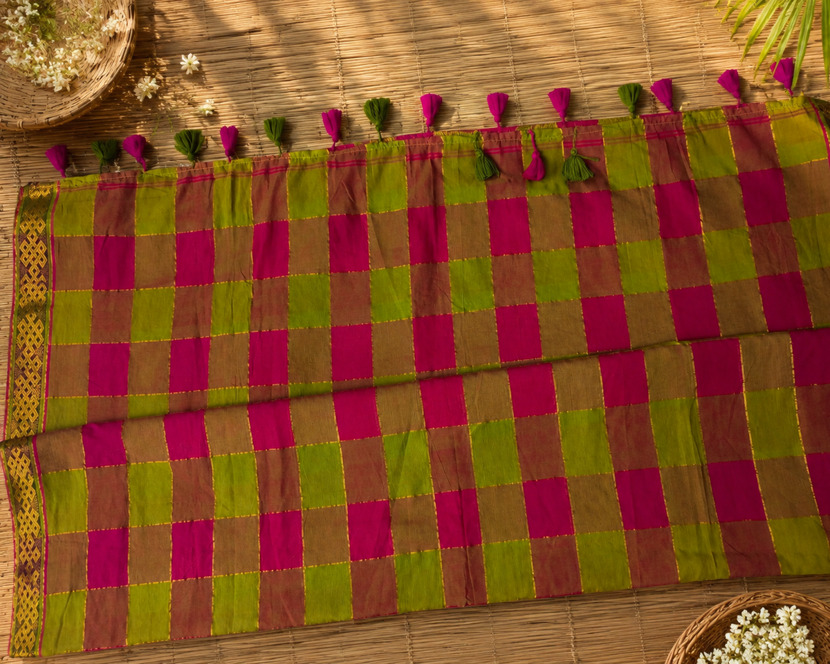 Green, Pink Zari Checks Handloom Mul Cotton