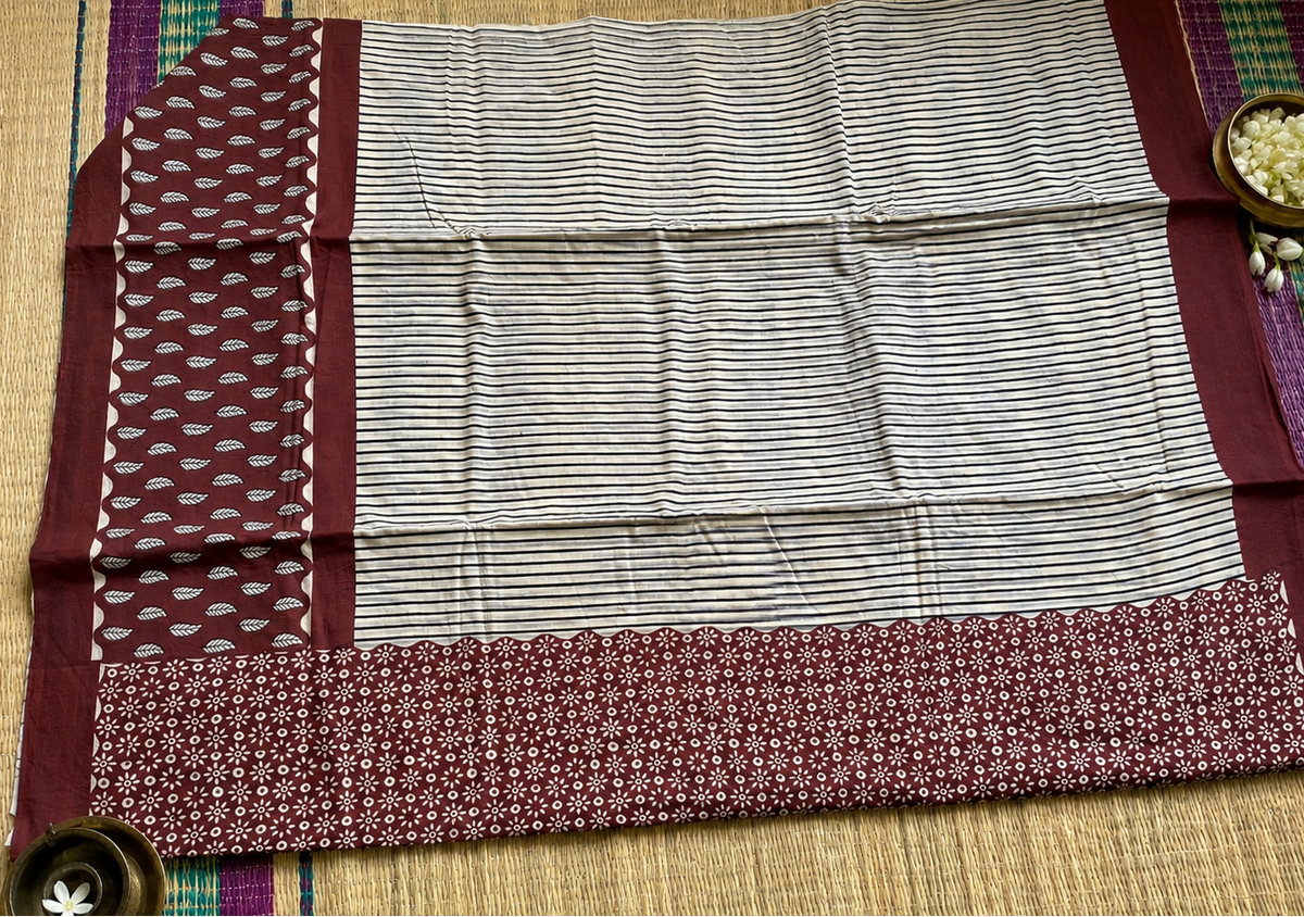 Maroon Handblock Stripe Cotton Saree