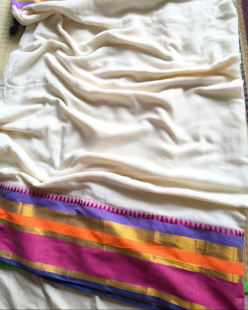 Ivory Multicolour Border Handloom Mul Cotton