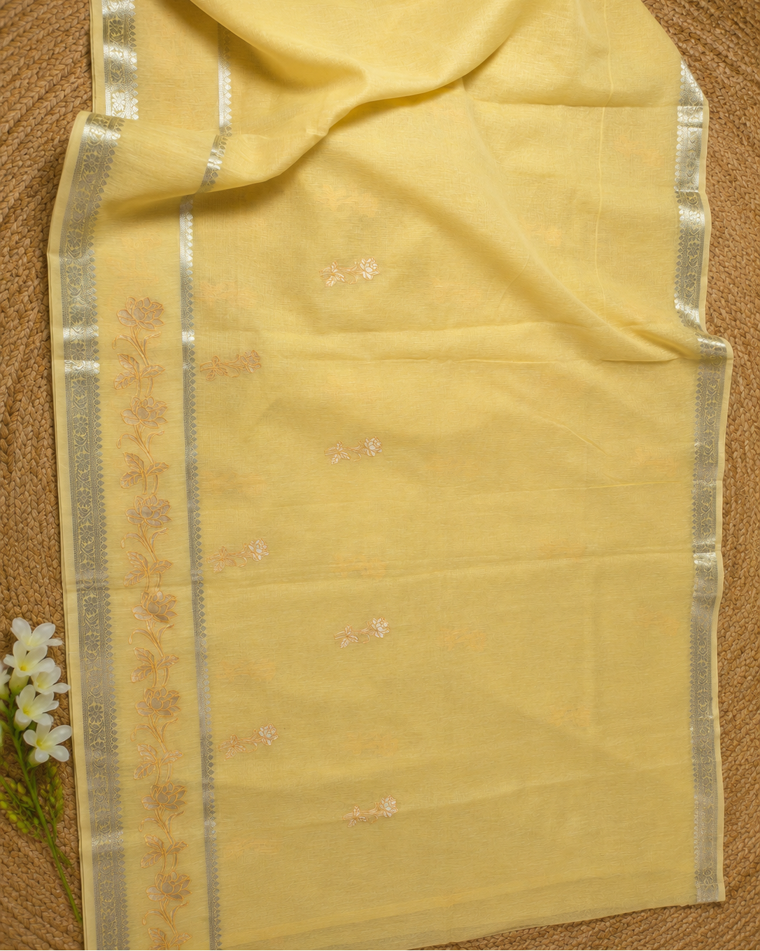 Lemon Mist Applique Linen Saree