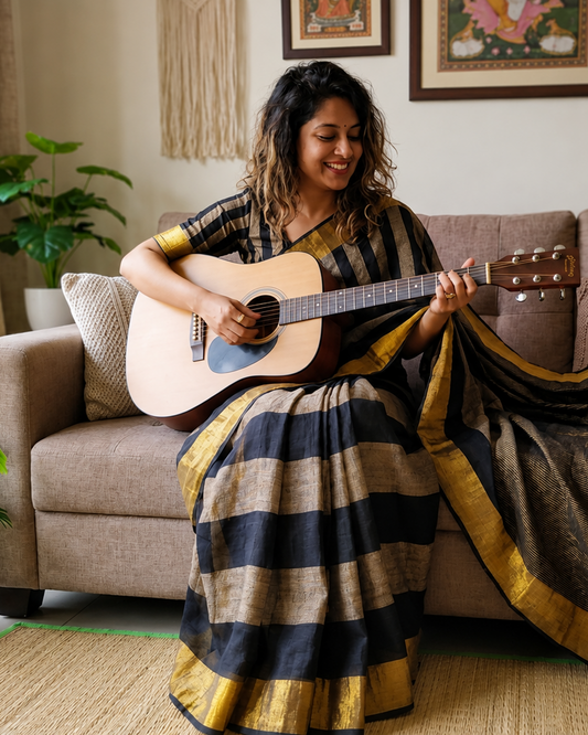 Charcoal Black Stripe Pure Linen Handloom