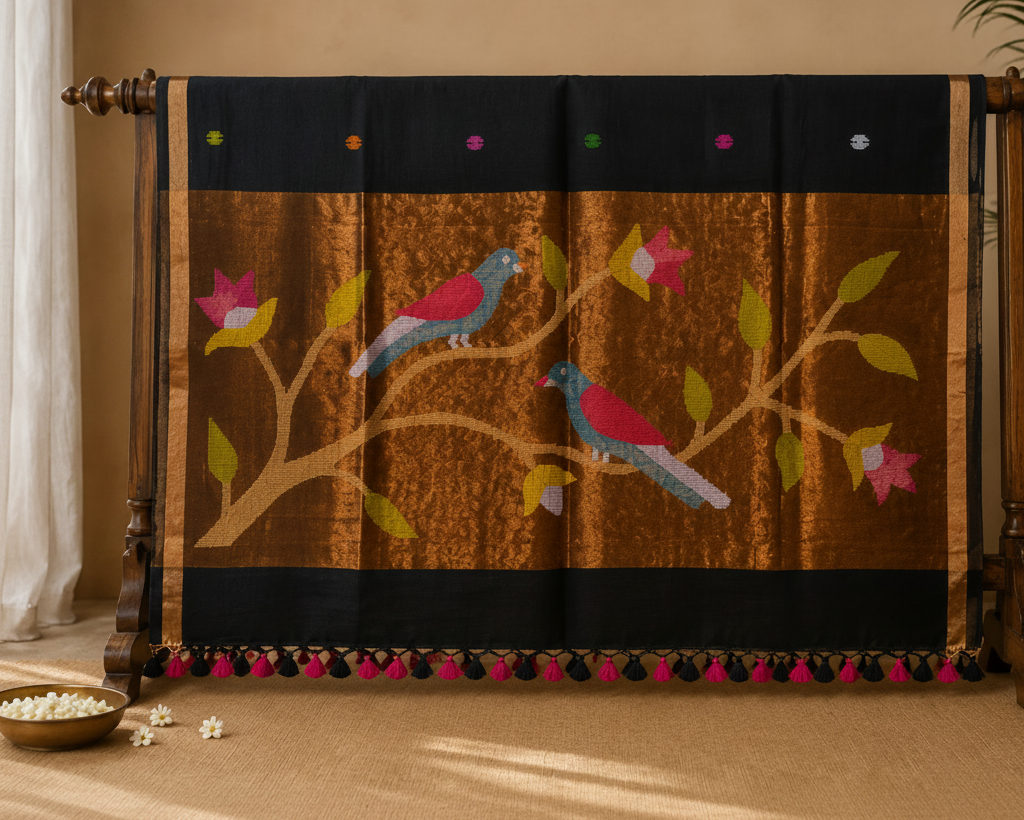 Black Paithani Parrot Linen Saree Handloom