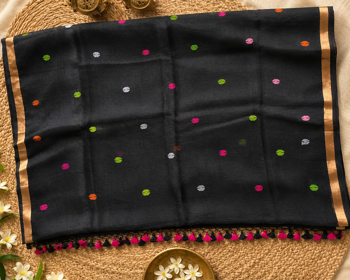 Black Paithani Parrot Linen Saree Handloom