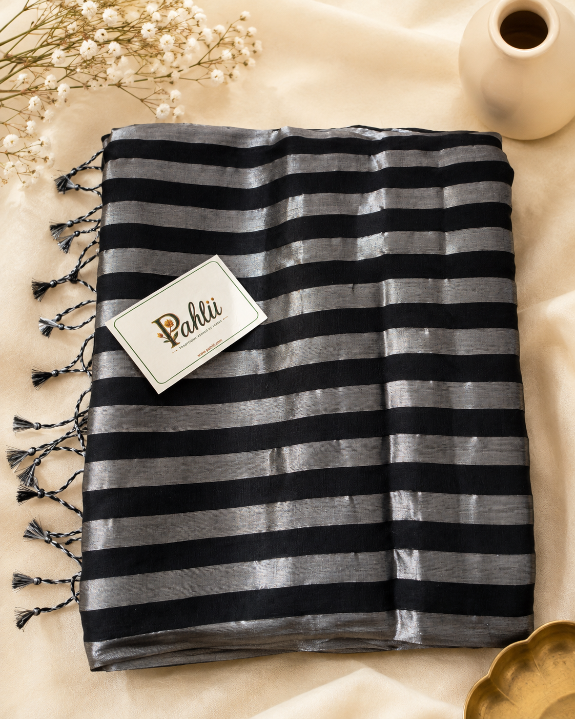 Midnight Silver Stripes Handloom Mul Tissue