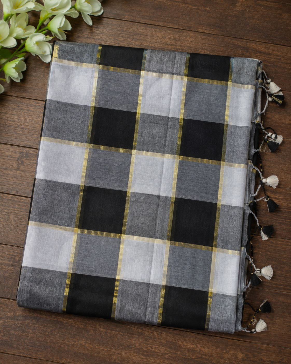 Black & White Zari Checks Handloom Mul Cotton