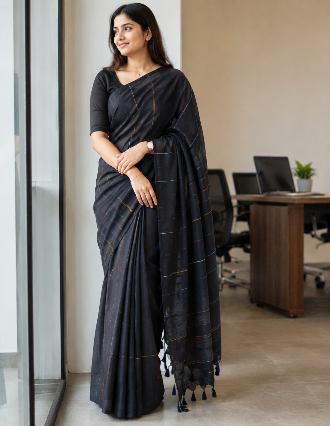 Office Chic Black Cotton Saree