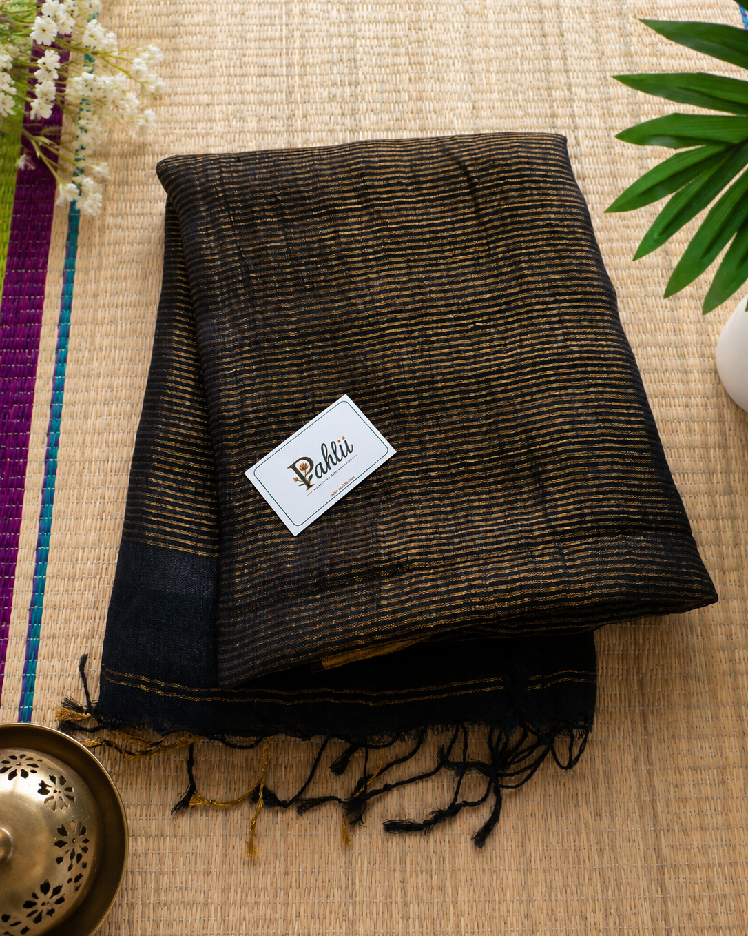 Charcoal Black Stripe Pure Linen Handloom