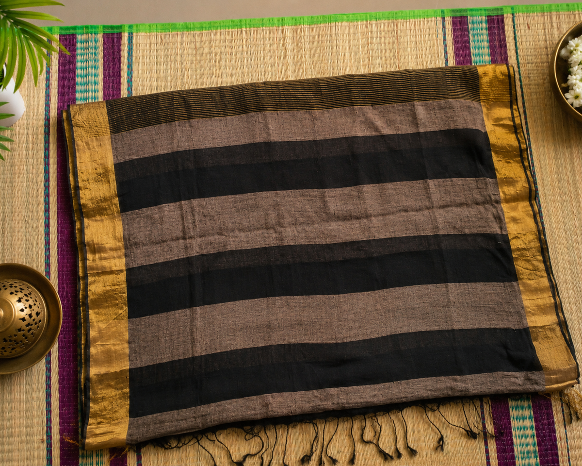 Charcoal Black Stripe Pure Linen Handloom
