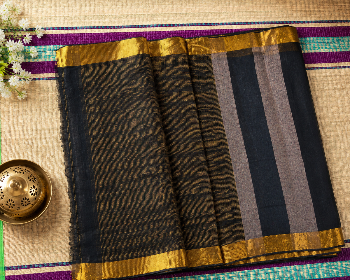 Charcoal Black Stripe Pure Linen Handloom