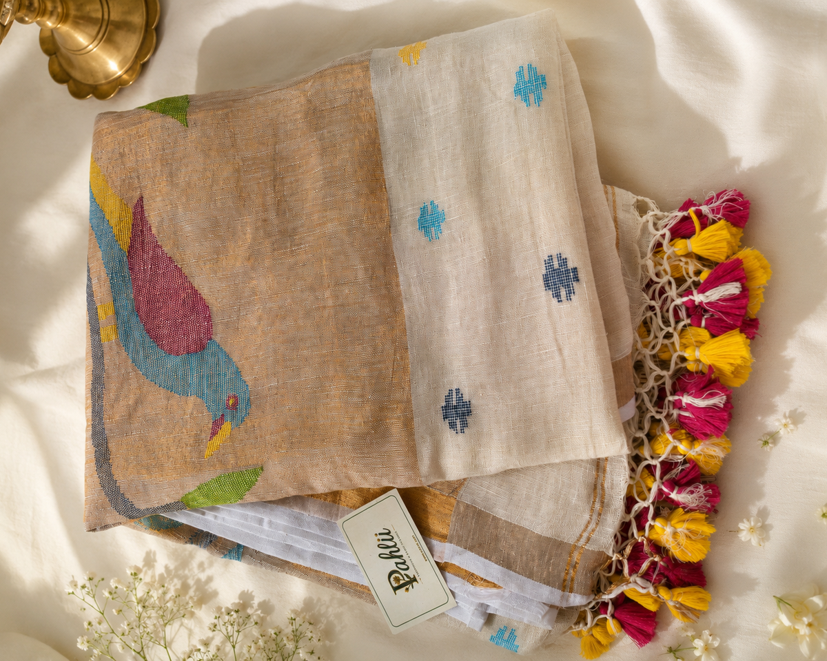 Cream Paithani Parrot Pure Linen Handloom