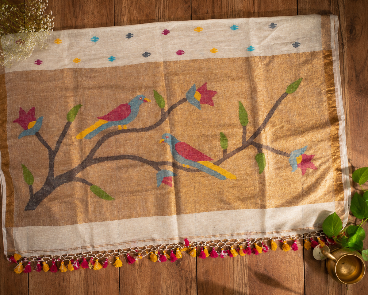 Cream Paithani Parrot Pure Linen Handloom