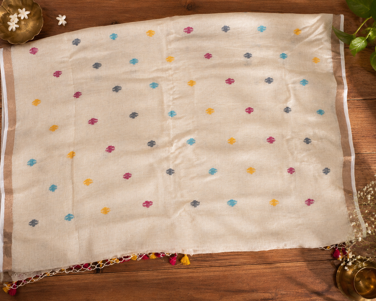 Cream Paithani Parrot Pure Linen Handloom