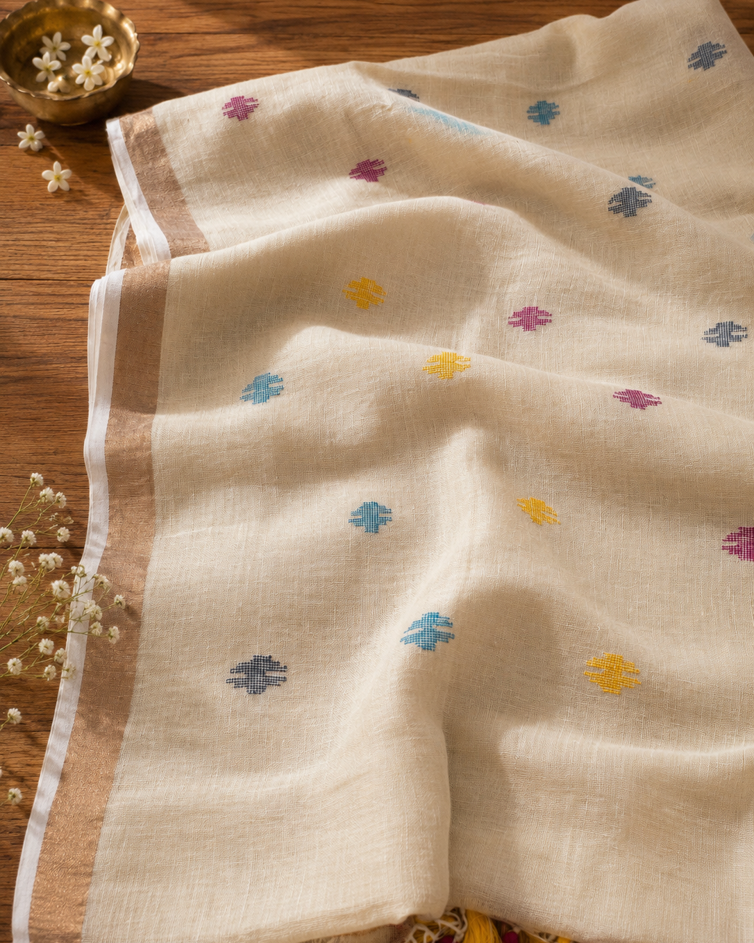 Cream Paithani Parrot Pure Linen Handloom