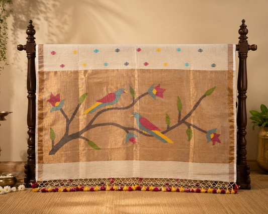 Cream Paithani Parrot Pure Linen Handloom