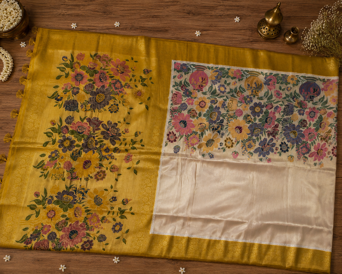 Gulbahar Mustard Yellow Tissue Pashmina Saree