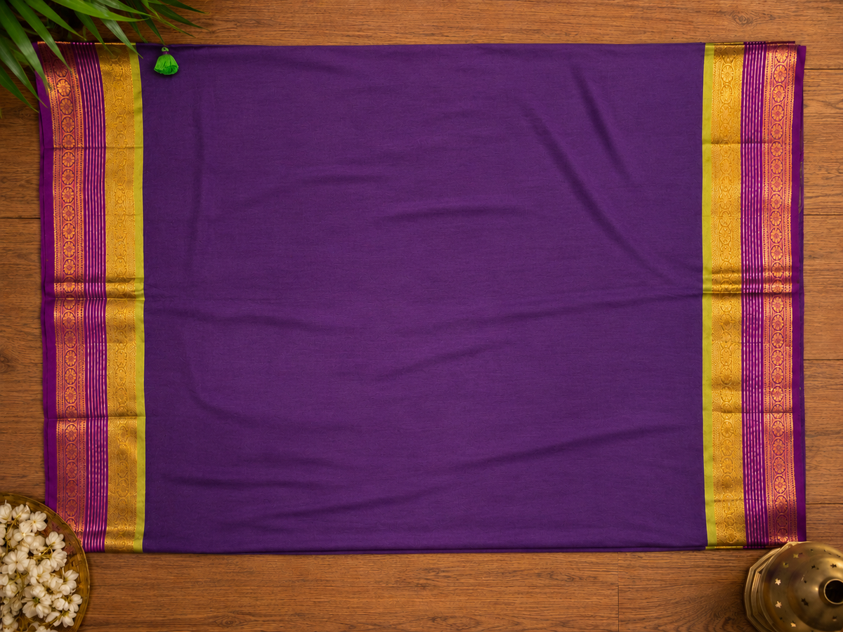 Violet Contrast Border Handloom Mul Cotton