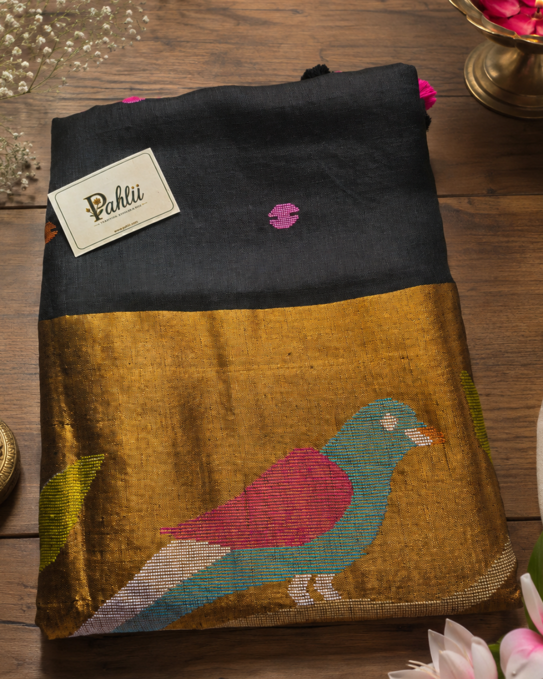 Black Paithani Parrot Linen Saree Handloom