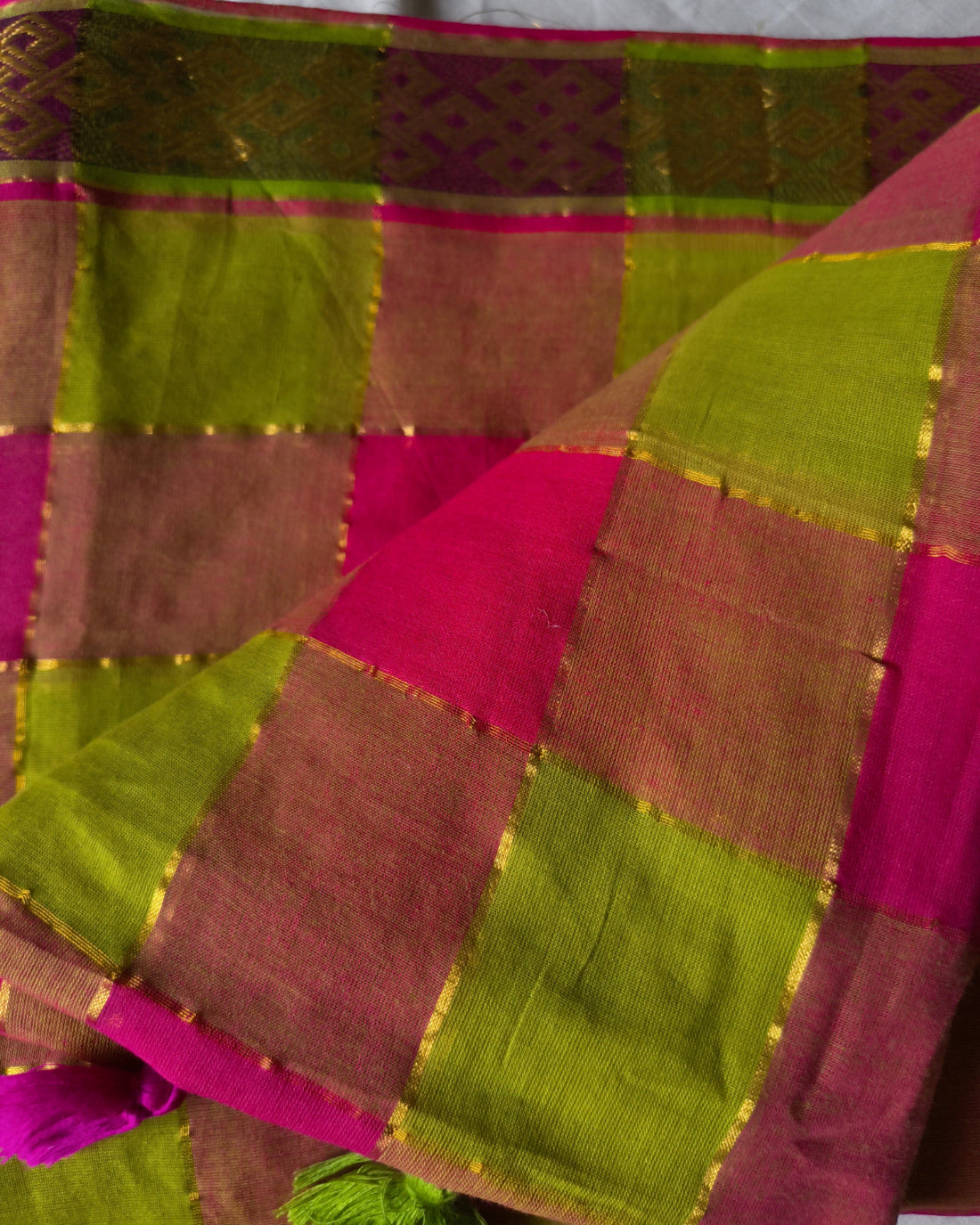 Green, Pink Zari Checks Handloom Mul Cotton