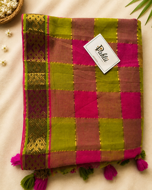 Green, Pink Zari Checks Handloom Mul Cotton