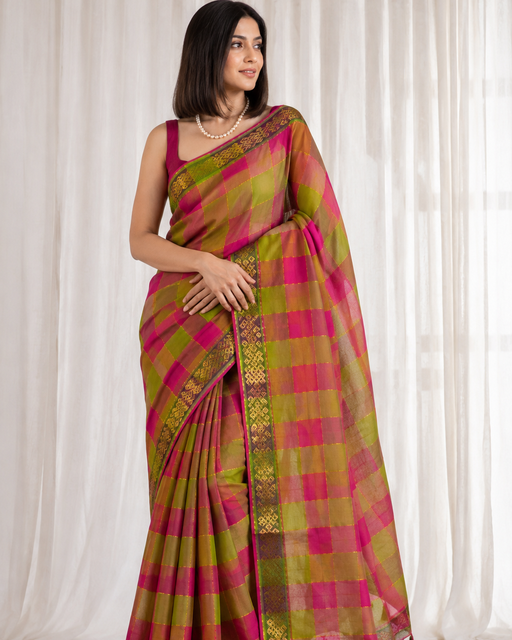 Green, Pink Zari Checks Handloom Mul Cotton