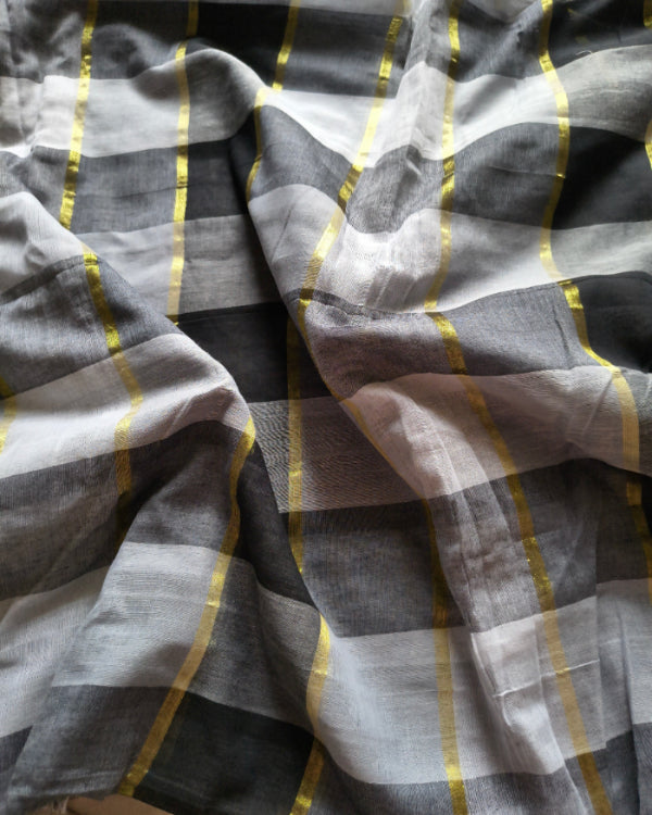 Black & White Zari Checks Handloom Mul Cotton
