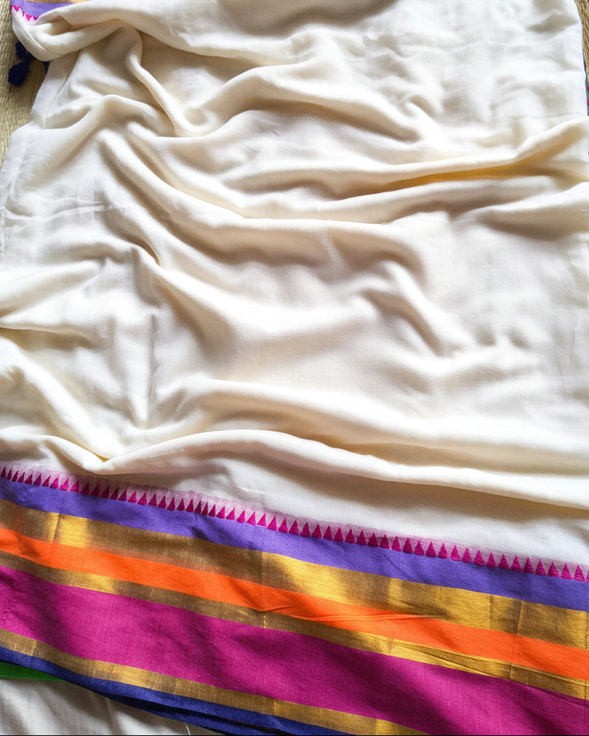 Ivory Multicolour Border Handloom Mul Cotton