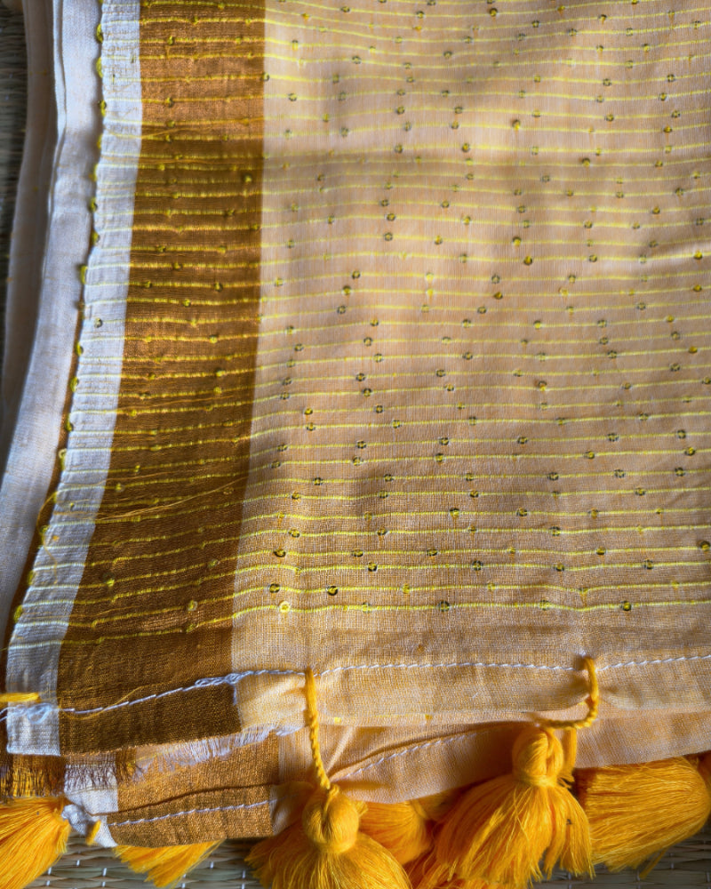Peach Sequins Line Handloom Mul Cotton