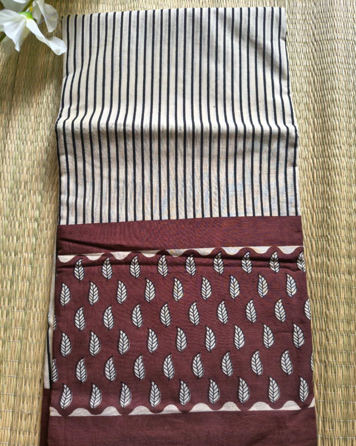 Maroon Handblock Stripe Cotton Saree
