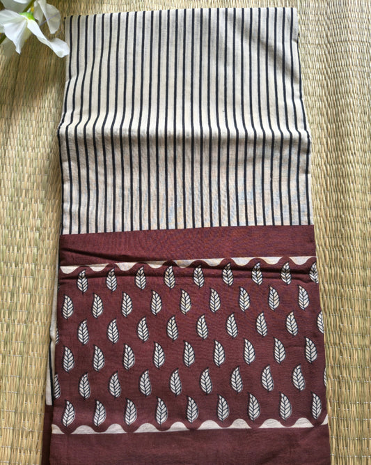 Maroon Handblock Stripe Cotton Saree