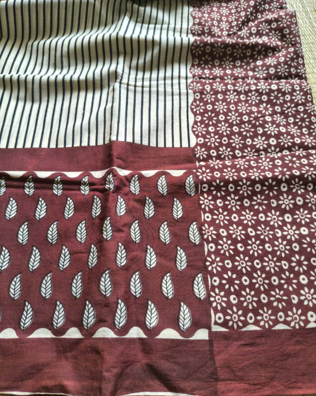 Maroon Handblock Stripe Cotton Saree