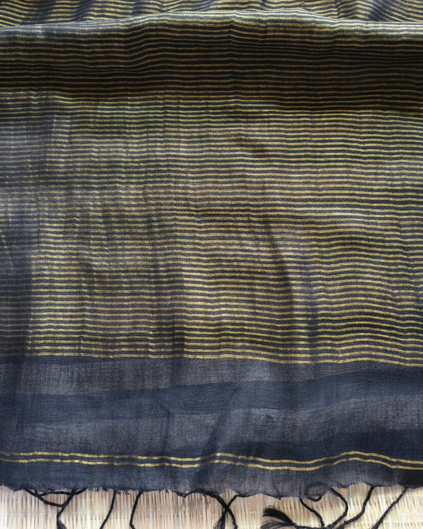 Charcoal Black Stripe Pure Linen Handloom