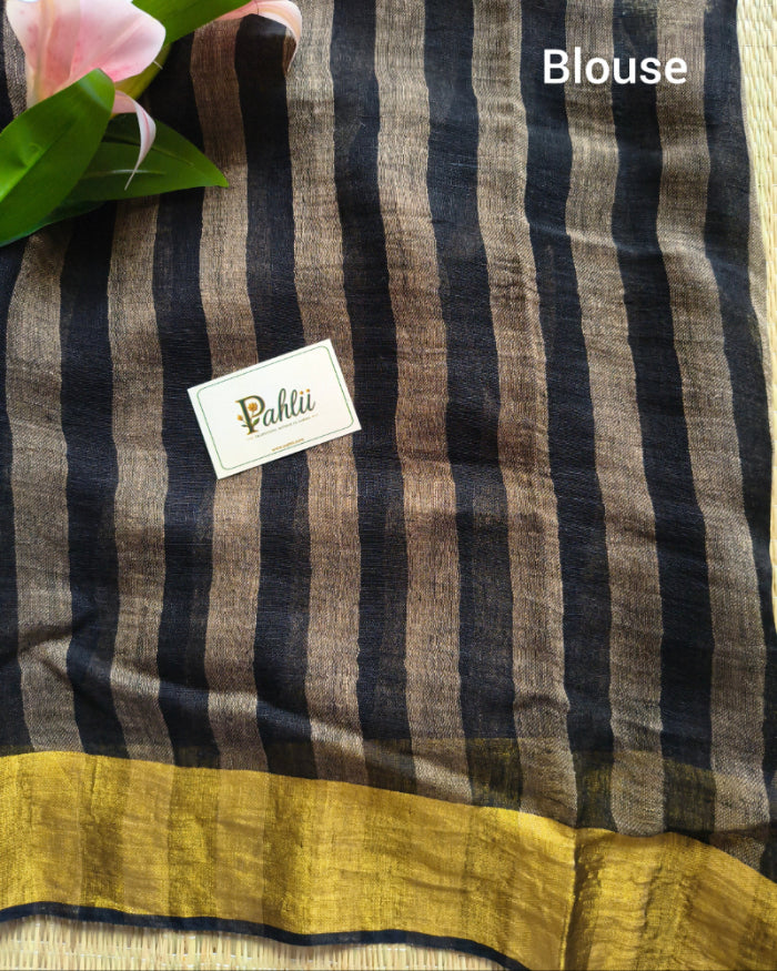 Charcoal Black Stripe Pure Linen Handloom