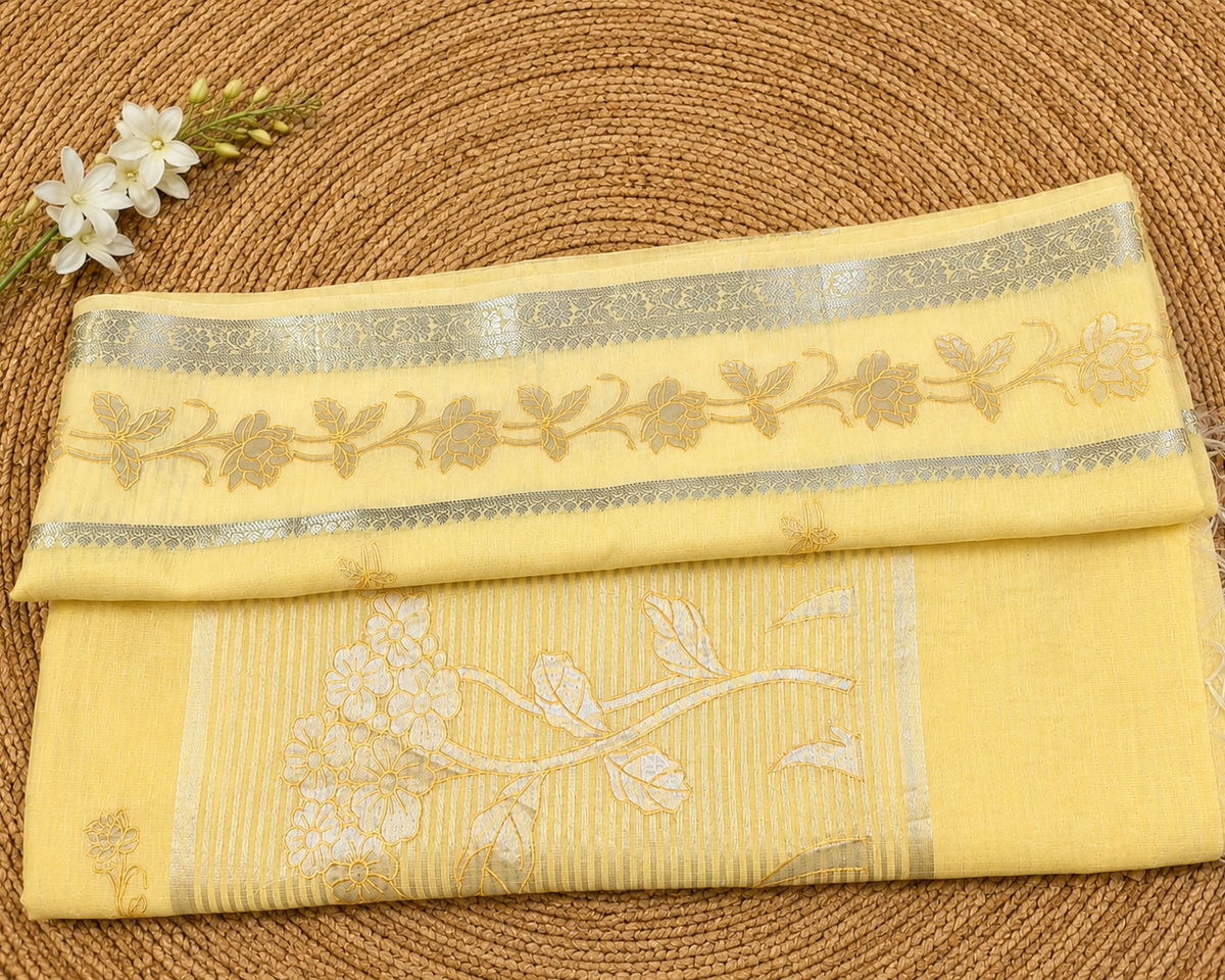 Lemon Mist Applique Linen Saree