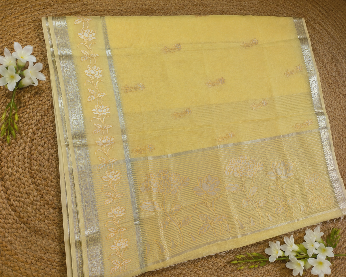 Lemon Mist Applique Linen Saree