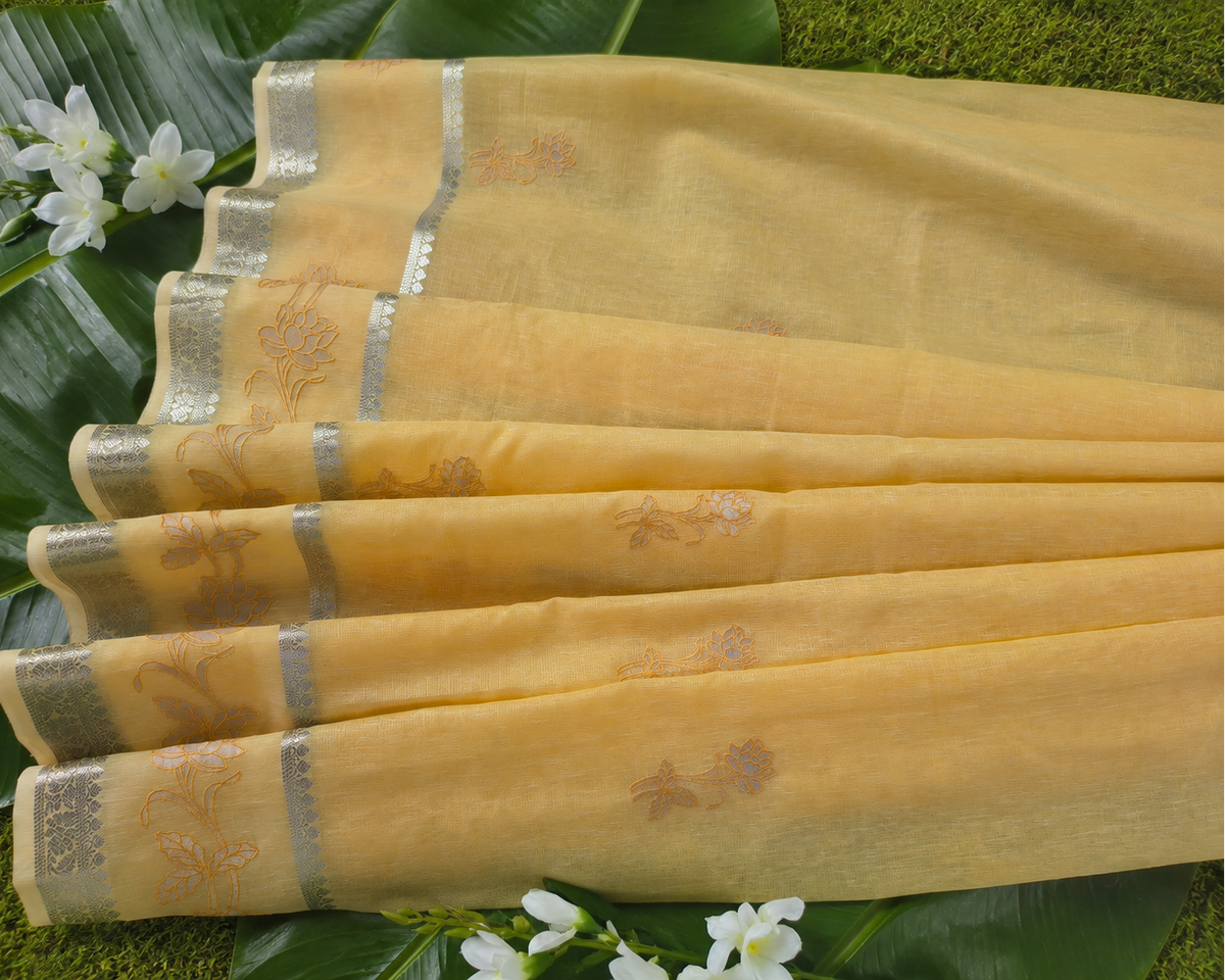 Lemon Mist Applique Linen Saree