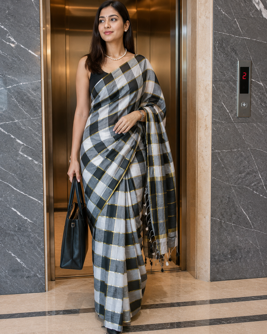 Black & White Zari Checks Handloom Mul Cotton