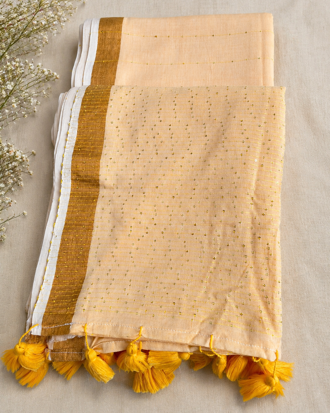 Peach Sequins Line Handloom Mul Cotton