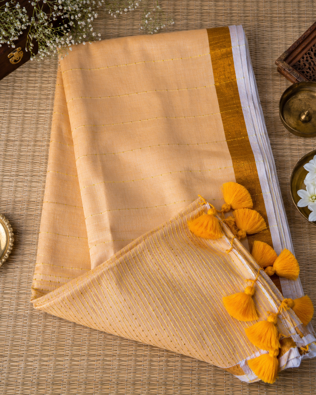 Peach Sequins Line Handloom Mul Cotton