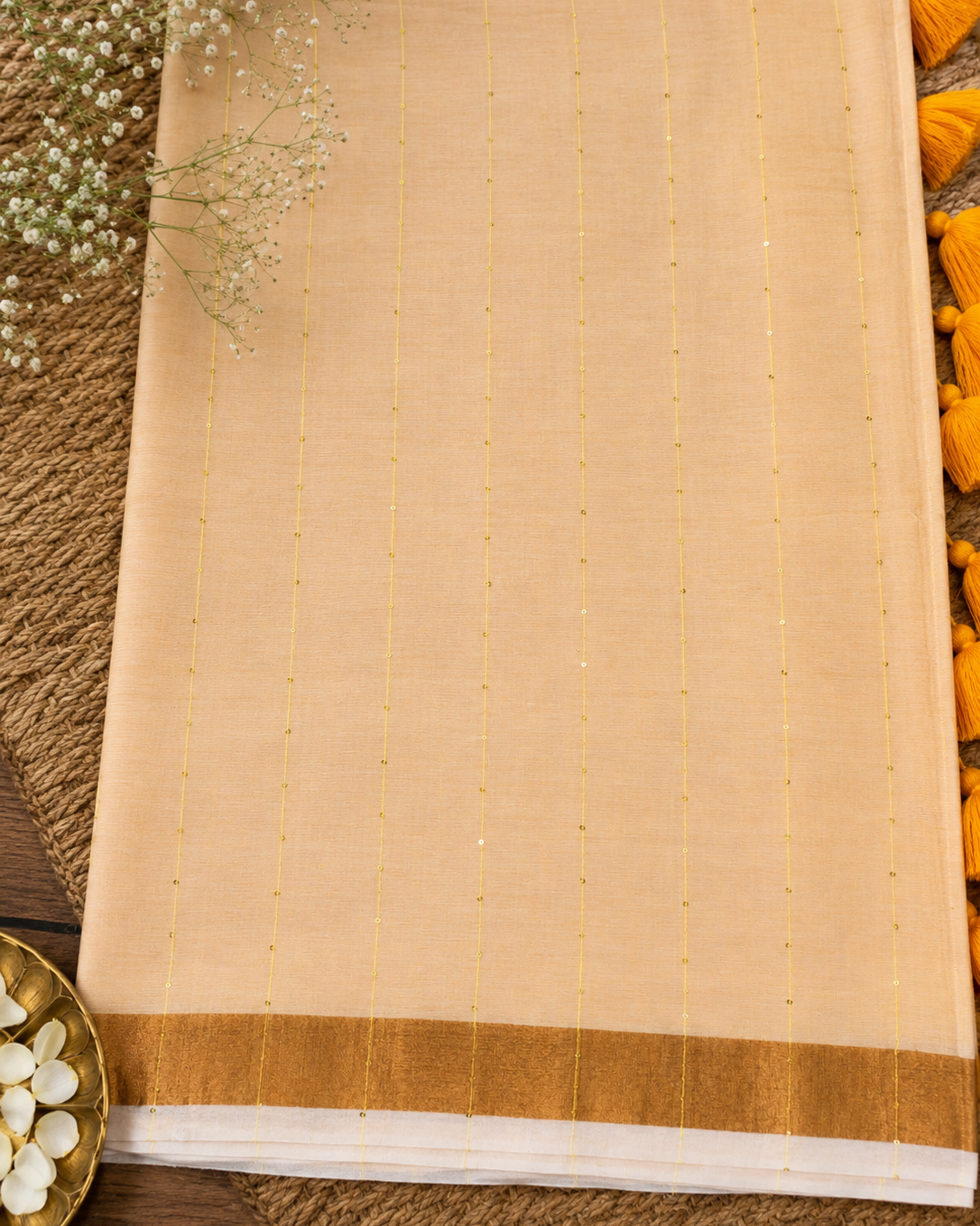 Peach Sequins Line Handloom Mul Cotton