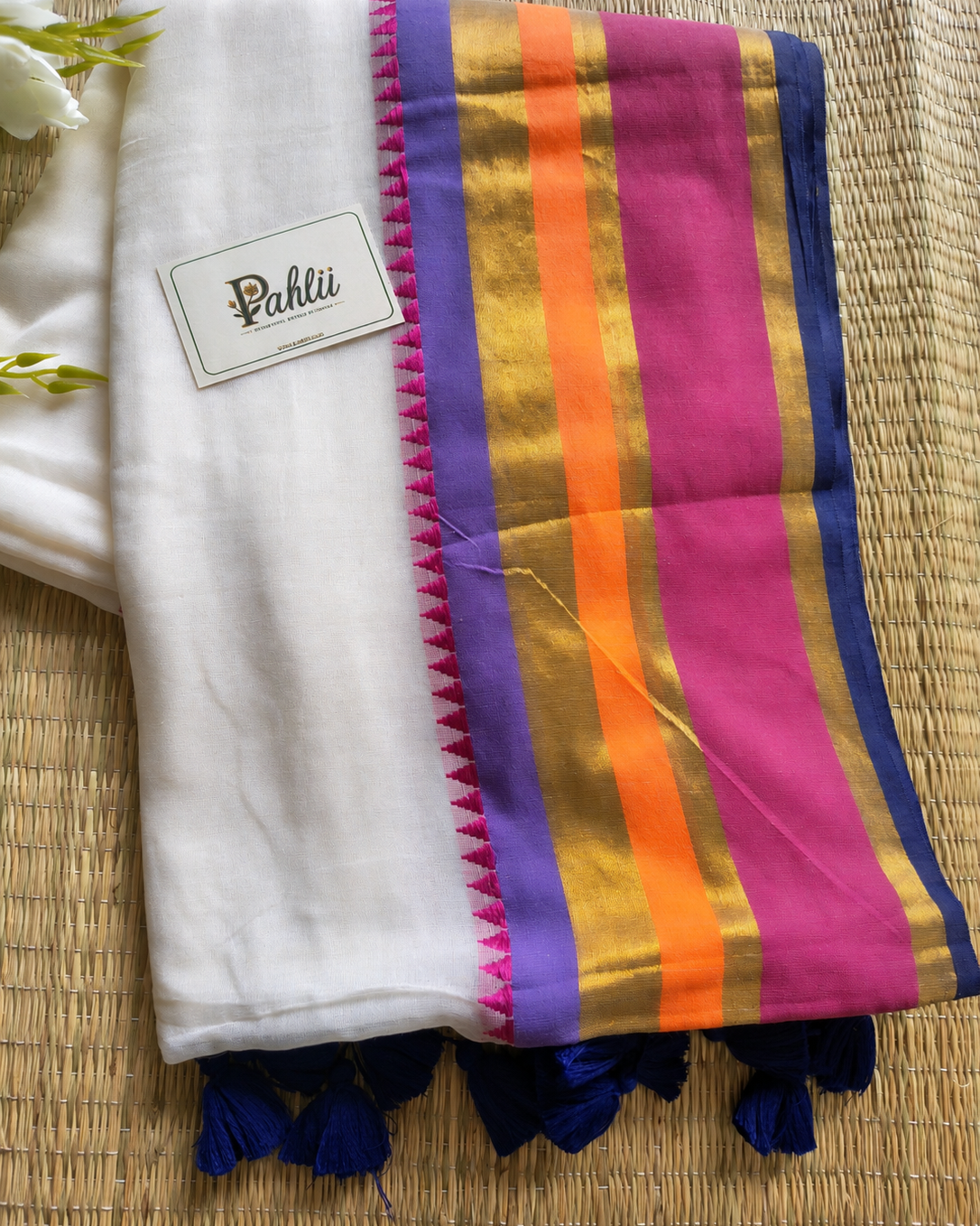 Ivory Multicolour Border Handloom Mul Cotton