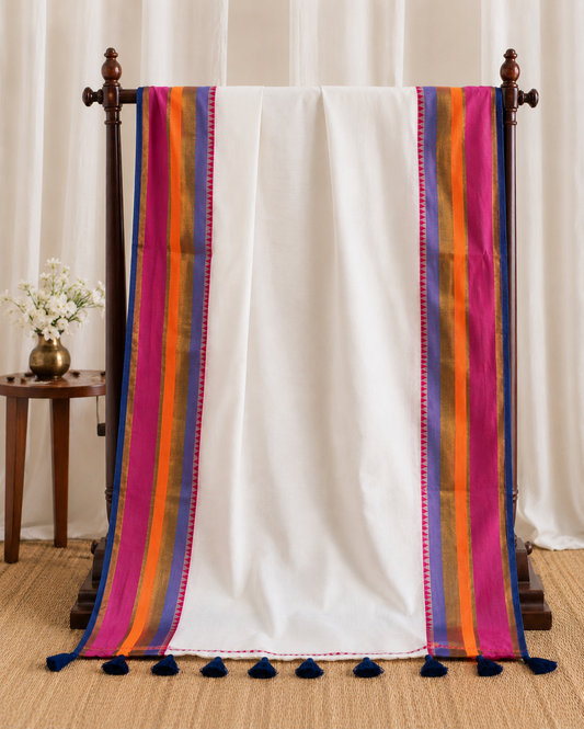 Ivory Multicolour Border Handloom Mul Cotton