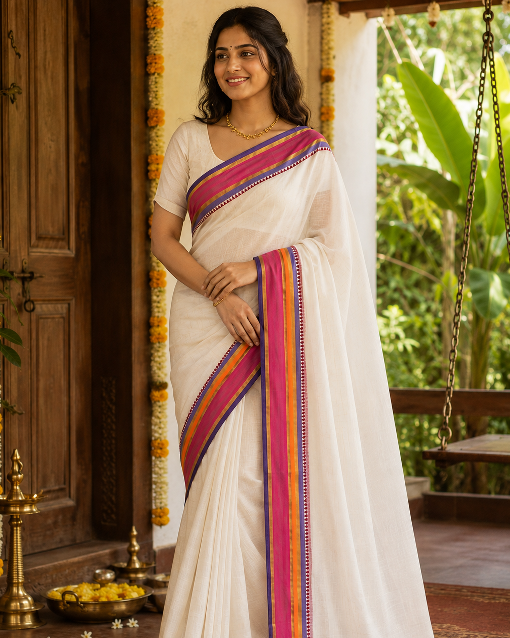 Ivory Multicolour Border Handloom Mul Cotton