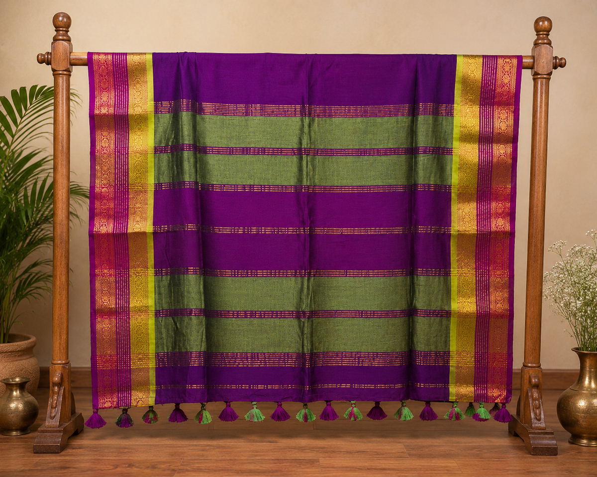 Violet Contrast Border Handloom Mul Cotton