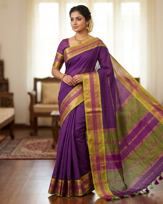 Violet Contrast Border Handloom Mul Cotton