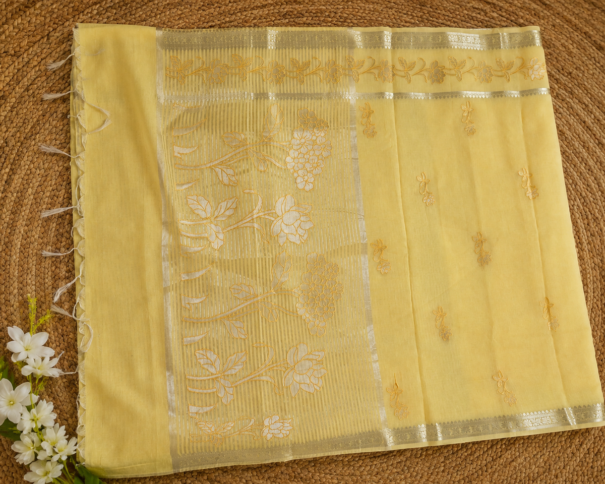 Lemon Mist Applique Linen Saree