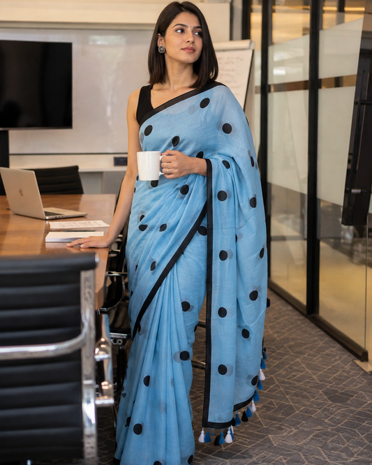 Sky Blue Polka Mul Cotton Saree