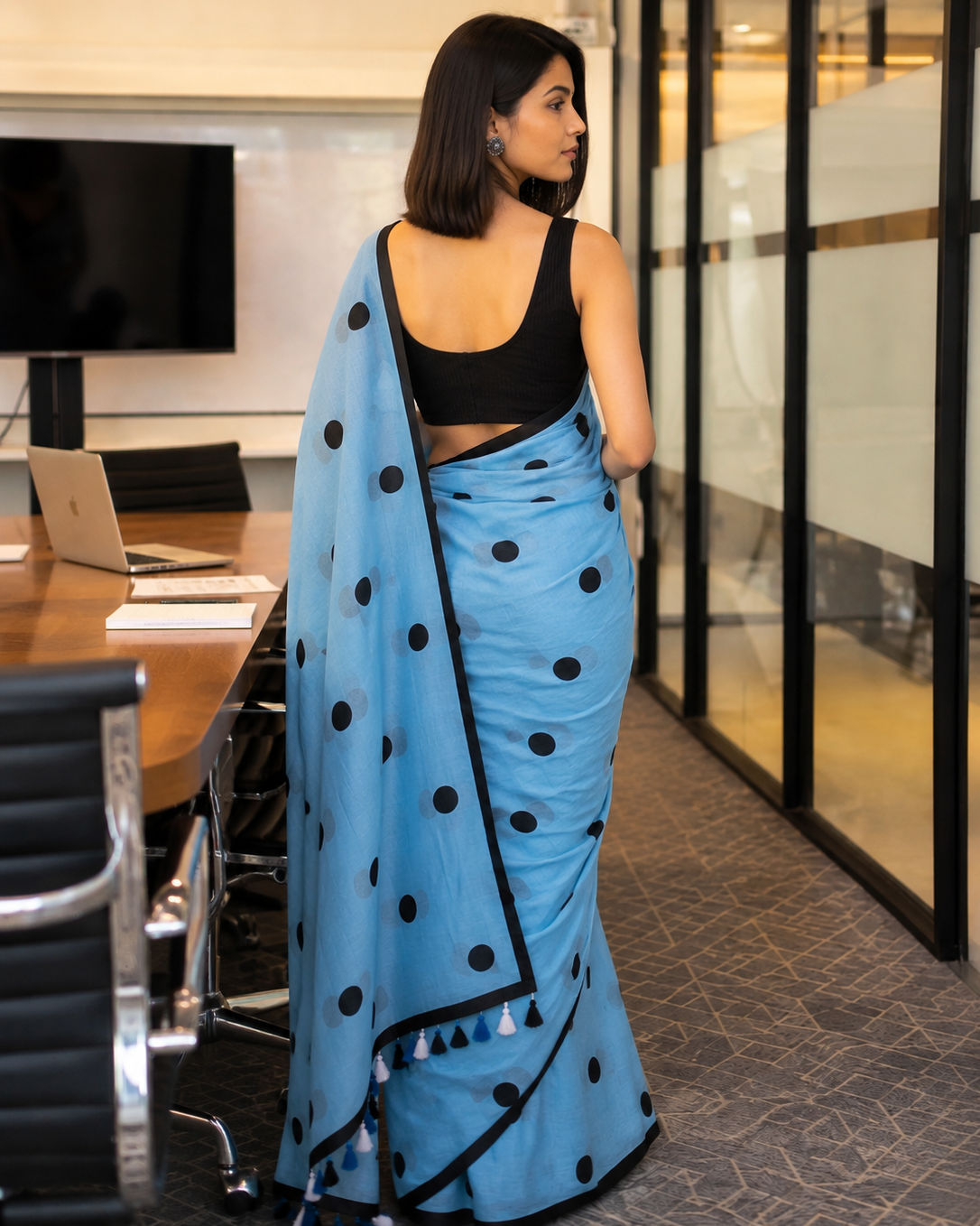 Sky Blue Polka Mul Cotton Saree