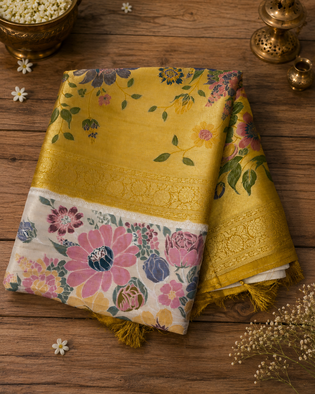 Gulbahar Mustard Yellow Tissue Pashmina Saree