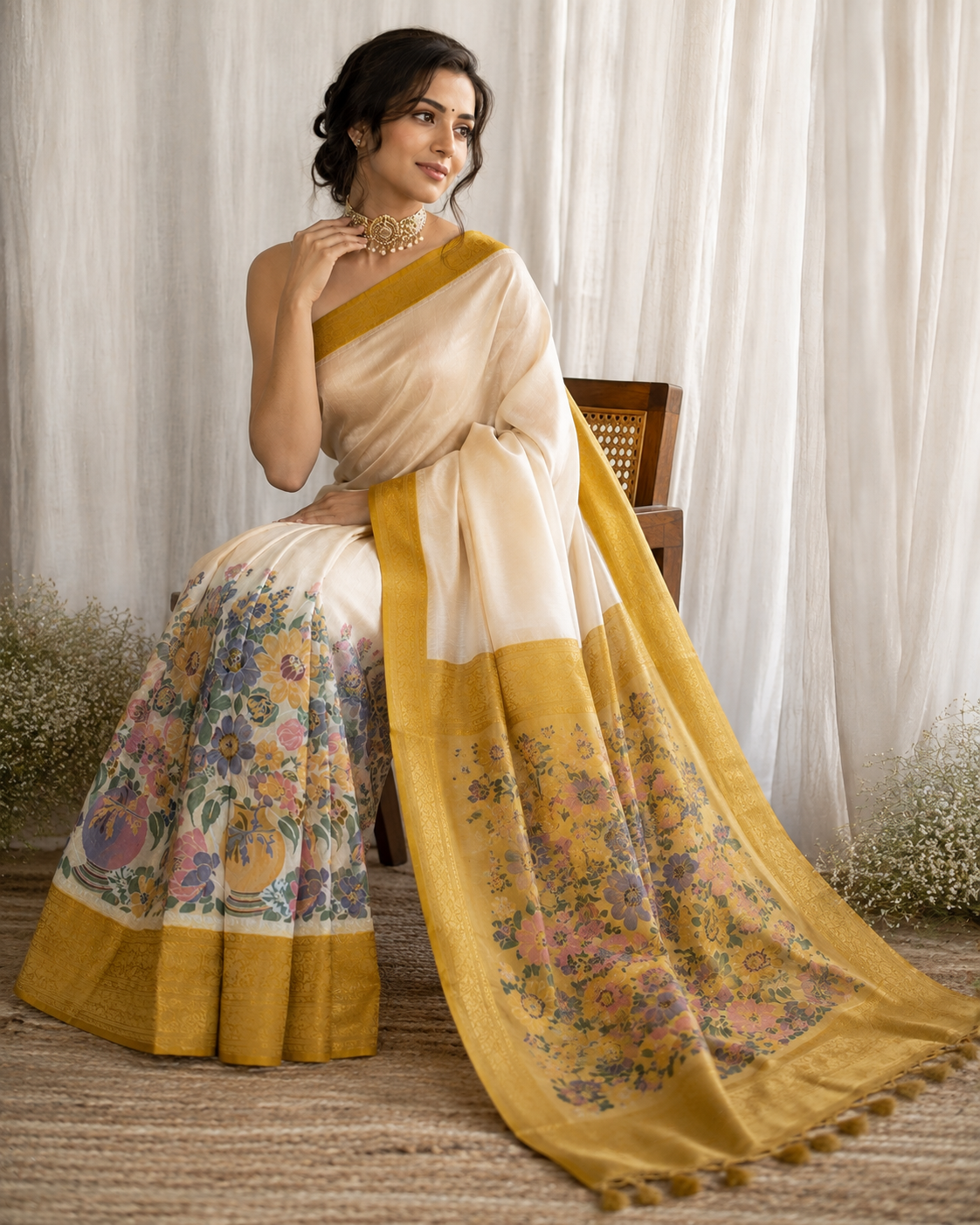 Gulbahar Mustard Yellow Tissue Pashmina Saree